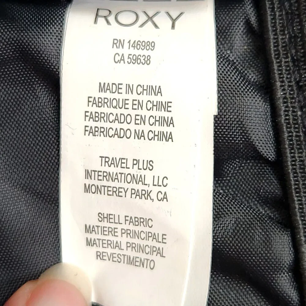 Roxy Black Canvas Backpack Gold Zippers Travel School Bookbag Faux Leather Patch